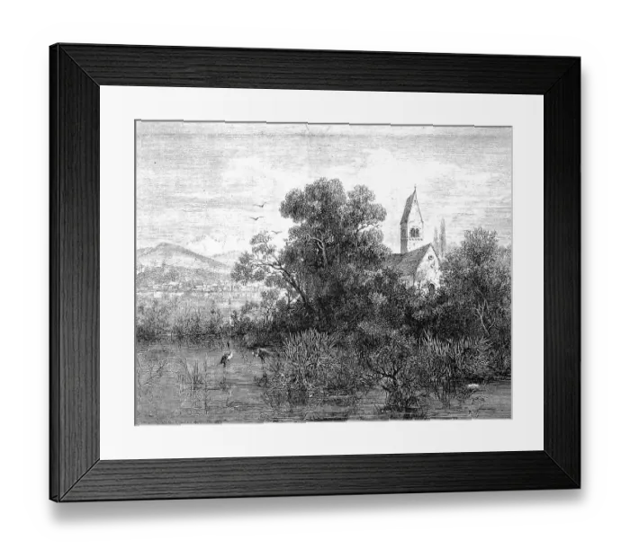 Framed Print : View of Lake Zurich, Lake Zurich, the island of Ufenau, where Ulrich von Hutten's grave is located, the former parish church of St. Peter and Paul, built in 1141, 1869, Switzerland, Historic Framed Print : View of Lake Zurich, Lake Zurich, the island of Ufenau, where Ulrich von Hutten's grave is located, the former parish church of St. Peter and Paul, built in 1141, 1869, Switzerland, Historic