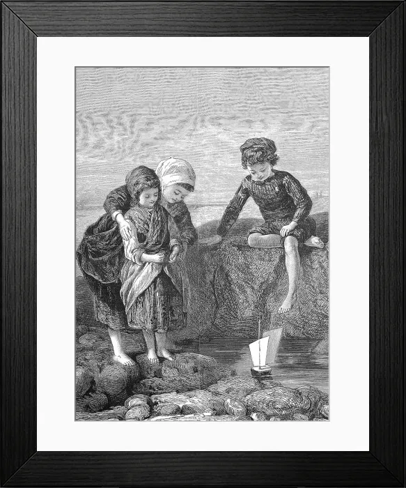 Framed Print : The fisherman's Children Playing by the Sea with a Toy Ship, 1869, France, Historic, digitally restored reproduction of a 19th century original, exact original date unknown Framed Print : The fisherman's Children Playing by the Sea with a Toy Ship, 1869, France, Historic, digitally restored reproduction of a 19th century original, exact original date unknown