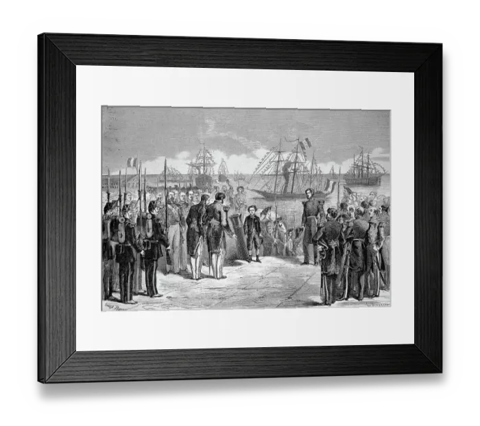 Framed Print : Voyage of the Imperial Prince Crown Prince Napoleon Eugene Louis Jean Joseph Bonaparte (16 March 1856 to 1 June 1879) to Cherbourg, the Prince coming off the yacht La Reine, 1869, France, Historic, digitally restored reproduction of an original 19th Framed Print : Voyage of the Imperial Prince Crown Prince Napoleon Eugene Louis Jean Joseph Bonaparte (16 March 1856 to 1 June 1879) to Cherbourg, the Prince coming off the yacht La Reine, 1869, France, Historic, digitally restored reproduction of an original 19th