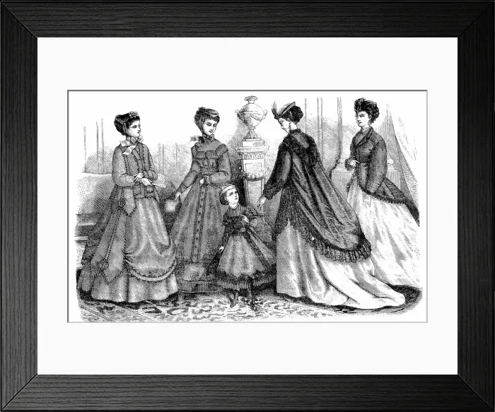 Framed Print : Four woman and two girls in the latest spring fashions, costumes and ready-to-wear by Madame Mary-Moison, shawls for dresses from the Malle des Indes shops, Marie Antoinette petticoats by Madame Bouland, 1869, France, Historic, digitally restored Framed Print : Four woman and two girls in the latest spring fashions, costumes and ready-to-wear by Madame Mary-Moison, shawls for dresses from the Malle des Indes shops, Marie Antoinette petticoats by Madame Bouland, 1869, France, Historic, digitally restored