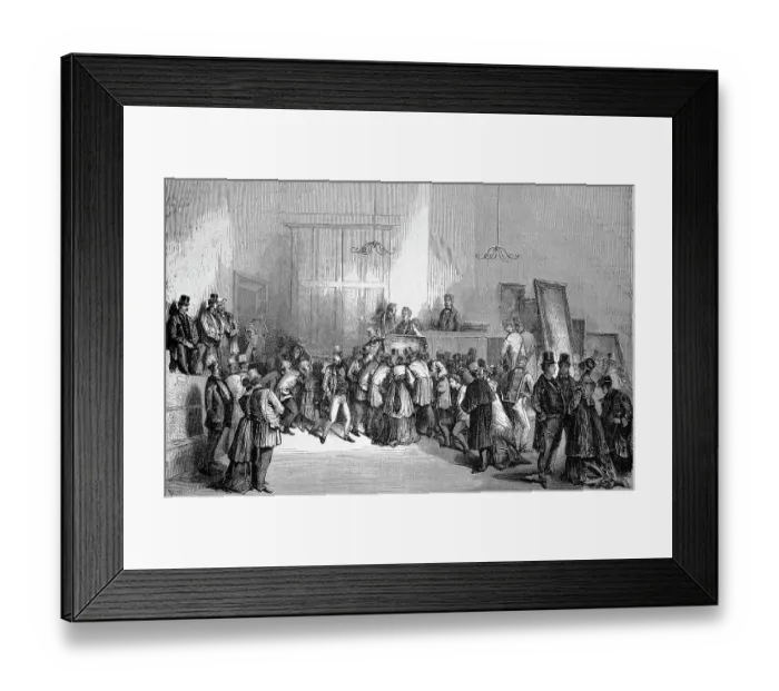 Framed Print : A sale of paintings at the auction house, 1869, Paris, France, Historic, digitally restored reproduction of an original 19th century painting, exact original date unknown Framed Print : A sale of paintings at the auction house, 1869, Paris, France, Historic, digitally restored reproduction of an original 19th century painting, exact original date unknown