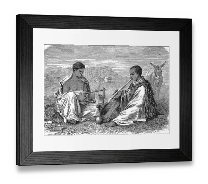 Framed Print : Abyssinia, Local peasants smoking a pipe and playing a musical instrument, 1869, Ethiopia, Historic, digitally restored reproduction of an original 19th century print, exact original date unknown Framed Print : Abyssinia, Local peasants smoking a pipe and playing a musical instrument, 1869, Ethiopia, Historic, digitally restored reproduction of an original 19th century print, exact original date unknown