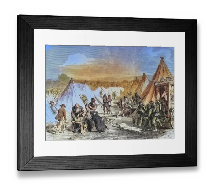 Framed Print : Max Mahons captured tent camp near Reichshofen as a hospital for the wounded, illustrated war chronicle 1870-1871, Franco-Prussian campaign, Germany, France Framed Print : Max Mahons captured tent camp near Reichshofen as a hospital for the wounded, illustrated war chronicle 1870-1871, Franco-Prussian campaign, Germany, France