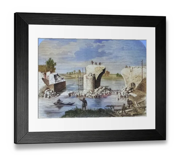 Framed Print : The blown up railway bridge near Trilport outside Meaux on the Marne river, illustrated war history, German, French war 1870-1871, Germany, France