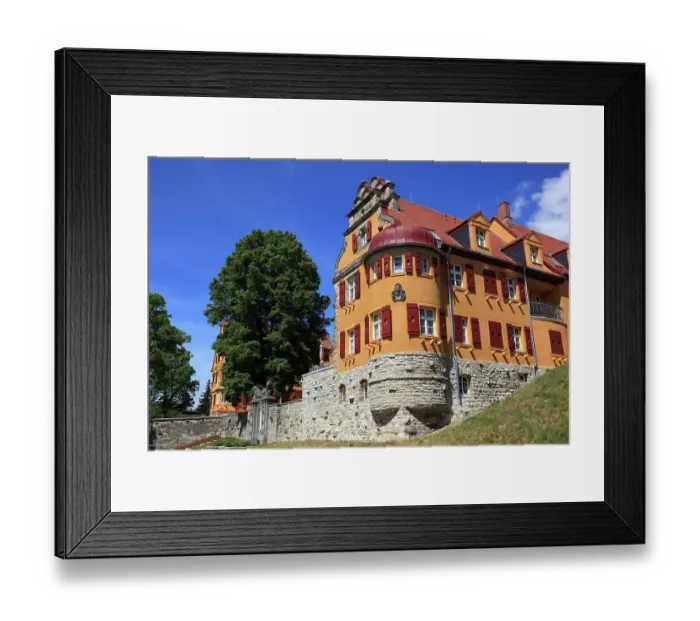 Framed Print : Hornschuchshausen workers housing estate, castle-like, former factory housing estate of the spinning mill director Fritz Hornschuch, Mainleus, Kulmbach district, Upper Franconia, Bavaria, Germany Framed Print : Hornschuchshausen workers housing estate, castle-like, former factory housing estate of the spinning mill director Fritz Hornschuch, Mainleus, Kulmbach district, Upper Franconia, Bavaria, Germany