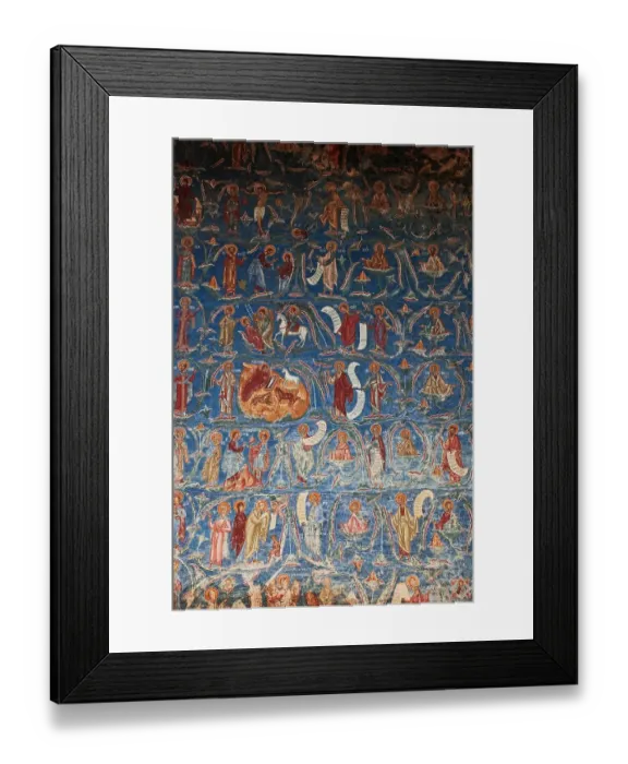 Framed Print : Voronet Monastery, Manastirea Voronet, near the town of Gura Humorului in the village of Voronet. Frescoes on the church of Sfantul Gheorghe, Saint George, within the walls of the monastery, Unesco World Heritage Site, Romania Framed Print : Voronet Monastery, Manastirea Voronet, near the town of Gura Humorului in the village of Voronet. Frescoes on the church of Sfantul Gheorghe, Saint George, within the walls of the monastery, Unesco World Heritage Site, Romania