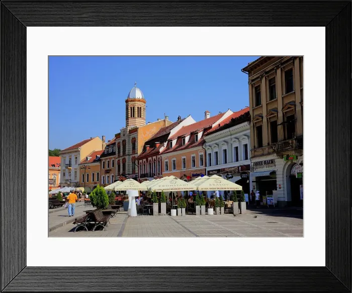 Framed Print : Late medieval town houses in the old town on Piata Sfatului Square of Brasov, Brasov, Transylvania, Romania