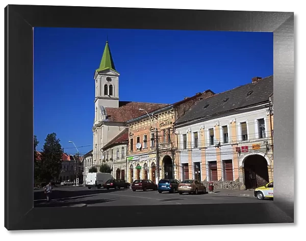 Town centre and Roman Catholic Church of Aiud, German Strassburg am Mieresch, a town in Alba County, Transylvania, Romania