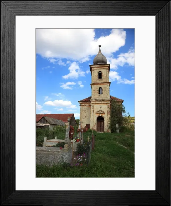 Framed Print : The Unitarian Church in Bussd, Boz, Eng. Bussd, is a village in Alba County, Transylvania, Romania