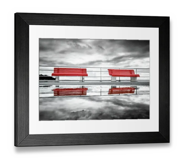 Framed Print : Reflection of two red benches in a puddle on La pier du Moulleau, La Teste-de-Buch, France Framed Print : Reflection of two red benches in a puddle on La pier du Moulleau, La Teste-de-Buch, France