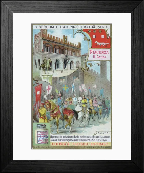 Framed Print : Series of famous Italian town halls, Italy, Piacenza, il Gotico, Deputies of the Lombard League go to the Piazzale di St. Antonio to confirm the peace treaty with Emperor Barbarossa, Historical Framed Print : Series of famous Italian town halls, Italy, Piacenza, il Gotico, Deputies of the Lombard League go to the Piazzale di St. Antonio to confirm the peace treaty with Emperor Barbarossa, Historical