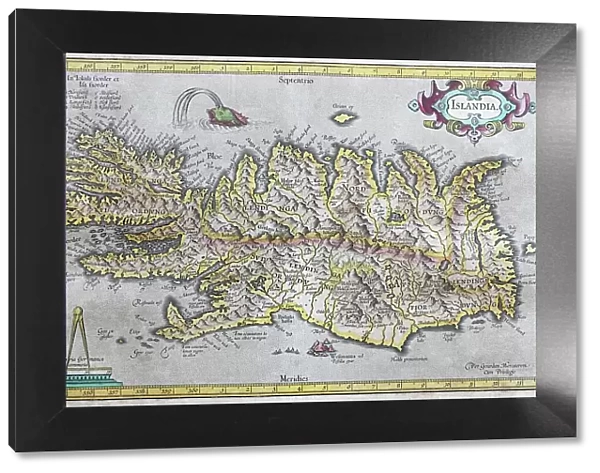 Iceland, hand-coloured copperplate engraving by Gerhard Mercator, 1595, Iceland