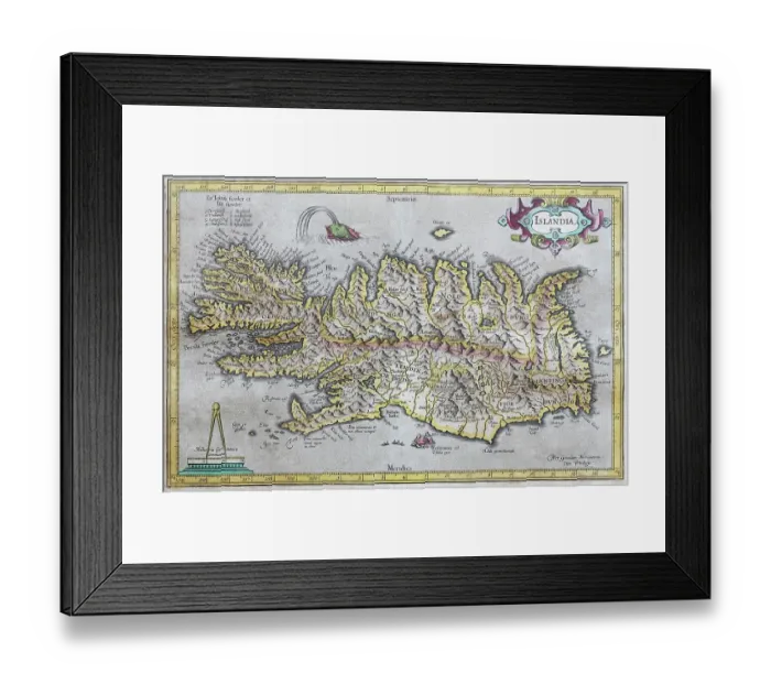 Framed Print : Iceland, hand-coloured copperplate engraving by Gerhard Mercator, 1595, Iceland Framed Print : Iceland, hand-coloured copperplate engraving by Gerhard Mercator, 1595, Iceland