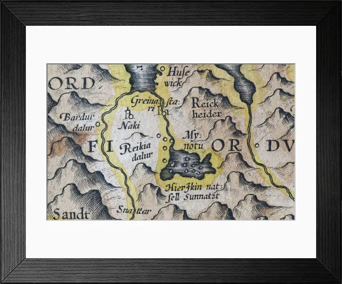 Framed Print : Myvatn or Myvatn, Iceland, hand-coloured Iceland copperplate engraving by Gerhard Mercator, 1595