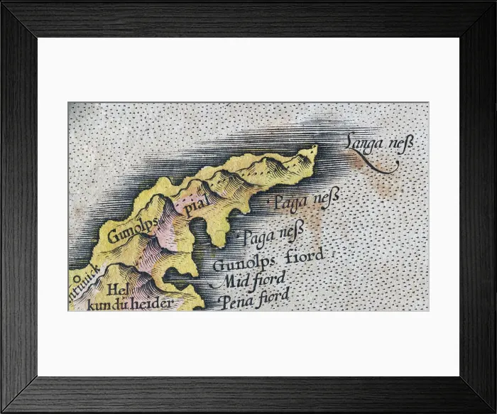 Framed Print : Langanes, Iceland, hand-coloured Iceland copperplate engraving by Gerhard Mercator, 1595 Framed Print : Langanes, Iceland, hand-coloured Iceland copperplate engraving by Gerhard Mercator, 1595