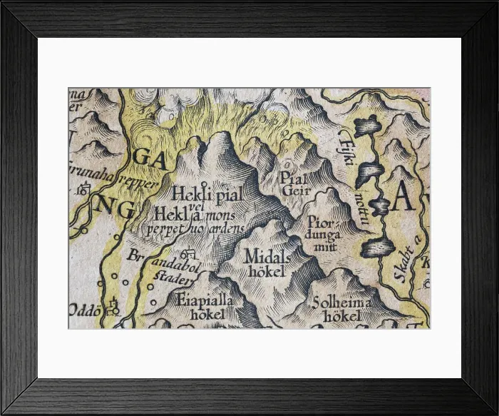Framed Print : Hekla Volcano, Iceland, hand-coloured Iceland copperplate engraving by Gerhard Mercator, 1595 Framed Print : Hekla Volcano, Iceland, hand-coloured Iceland copperplate engraving by Gerhard Mercator, 1595