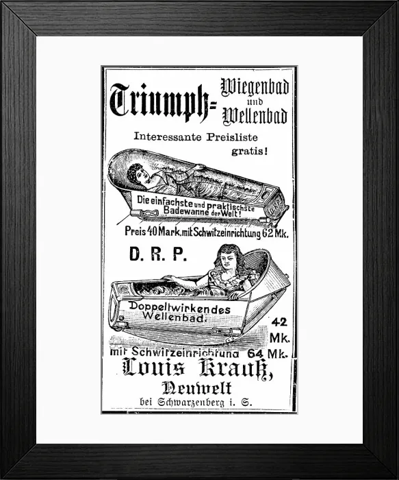 Framed Print : Advertisement by the Louis Krauss Company for Triumph cradle bath and wave bath, bath tub with sweating device, 1887, Germany, Historic, digitally restored reproduction of an original 19th century artwork, exact original date unknown Framed Print : Advertisement by the Louis Krauss Company for Triumph cradle bath and wave bath, bath tub with sweating device, 1887, Germany, Historic, digitally restored reproduction of an original 19th century artwork, exact original date unknown