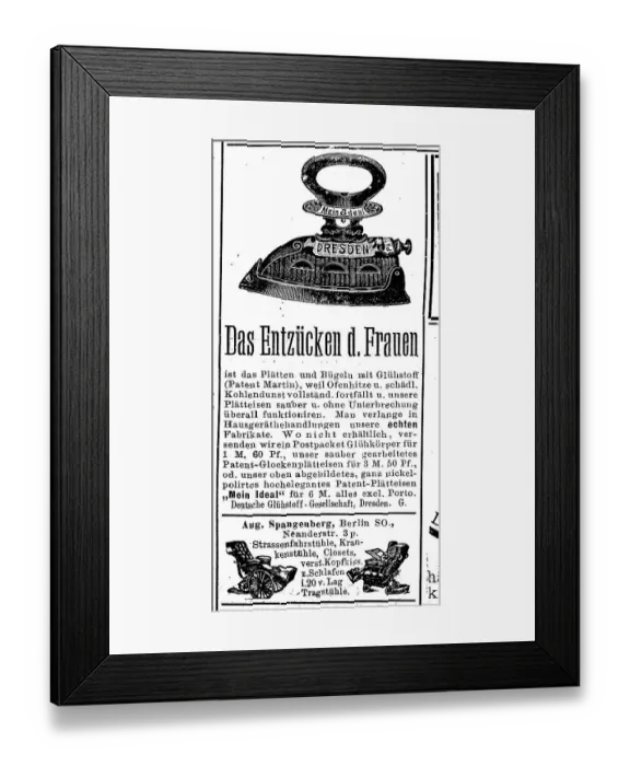 Framed Print : Advertisement of the Spangenberg company for irons, 1890, Germany, Historic, digitally restored reproduction of an original from the 19th century, exact original date unknown