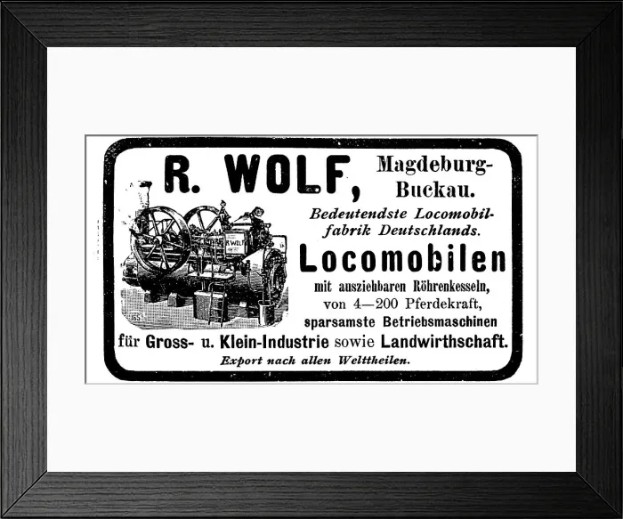 Framed Print : Advertisement of the Wolf company for locomobiles and farm machinery, 1890, Germany, Historic, digitally restored reproduction of an original from the 19th century, exact original date unknown Framed Print : Advertisement of the Wolf company for locomobiles and farm machinery, 1890, Germany, Historic, digitally restored reproduction of an original from the 19th century, exact original date unknown