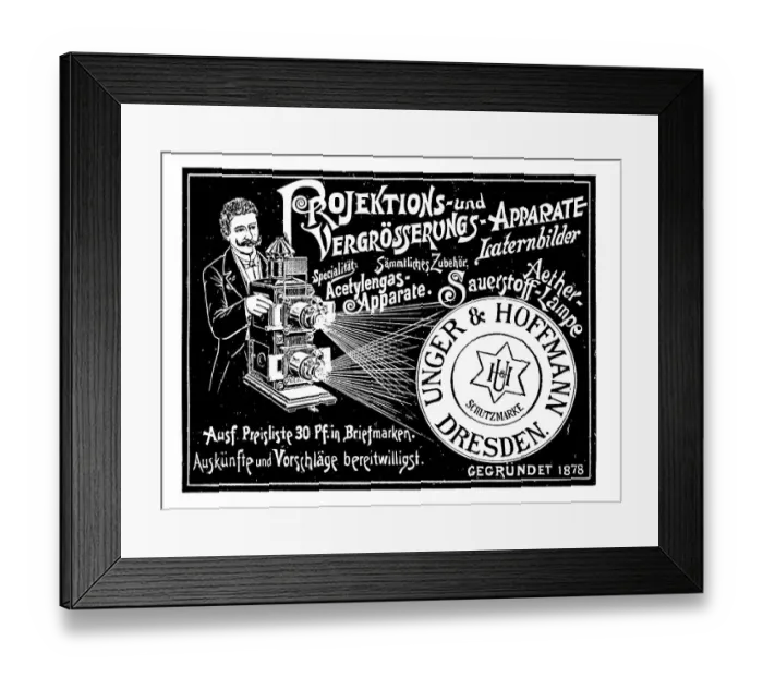 Framed Print : Advertisement of the company Unger und Hoffmann for projection devices and enlargers, lantern pictures and oxygen lamps, 1890, Germany, Historic, digitally restored reproduction of an original from the 19th century, exact original date not known Framed Print : Advertisement of the company Unger und Hoffmann for projection devices and enlargers, lantern pictures and oxygen lamps, 1890, Germany, Historic, digitally restored reproduction of an original from the 19th century, exact original date not known
