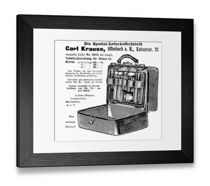 Framed Print : Advertisement of the leather suitcase factory Carl Krause, 1887, Germany, Historic, digitally restored reproduction of an original from the 19th century, exact original date unknown Framed Print : Advertisement of the leather suitcase factory Carl Krause, 1887, Germany, Historic, digitally restored reproduction of an original from the 19th century, exact original date unknown