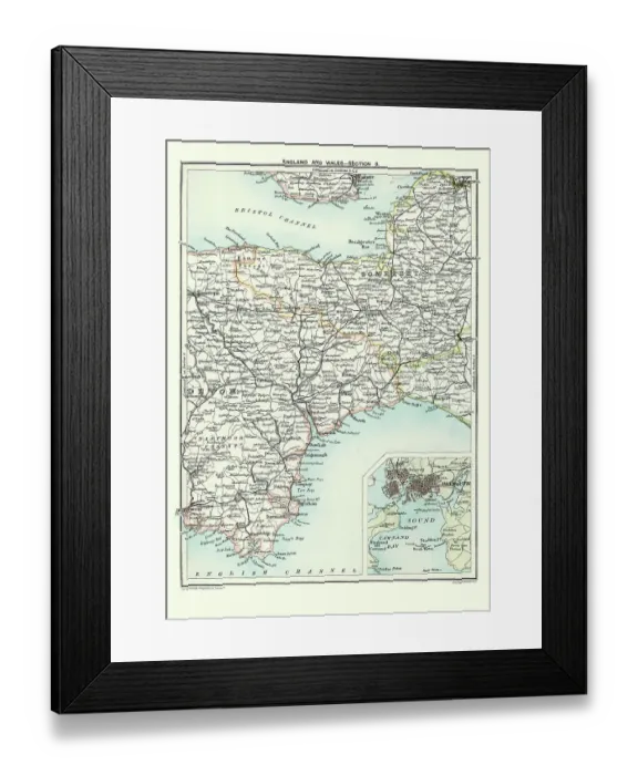 Framed Print : Antique Map of South West England, Somerset, Devon, 1891 Framed Print : Antique Map of South West England, Somerset, Devon, 1891