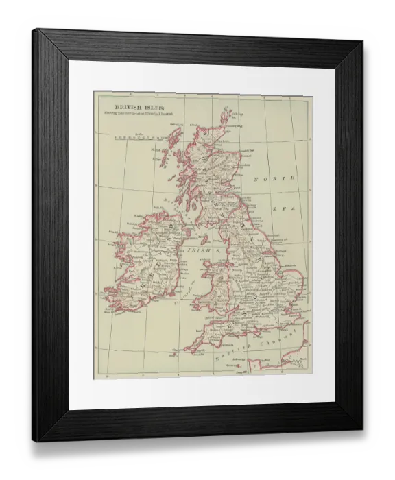 Framed Print : Old chromolithograph map of map of the British Isles, showing places of greatest historical interest Framed Print : Old chromolithograph map of map of the British Isles, showing places of greatest historical interest