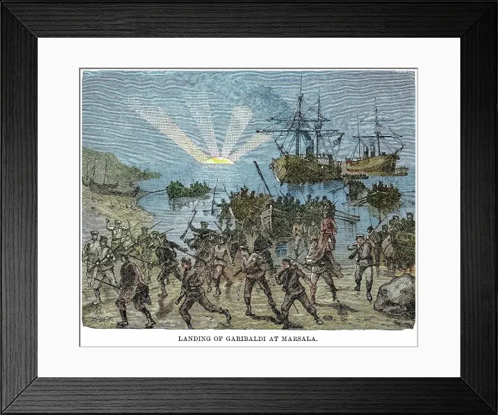 Framed Print : Old engraving illustration of landing of Giuseppe Maria Garibaldi, (4 July 1807 - 2 June 1882) - Italian general, patriot, and republican at Marsala Framed Print : Old engraving illustration of landing of Giuseppe Maria Garibaldi, (4 July 1807 - 2 June 1882) - Italian general, patriot, and republican at Marsala