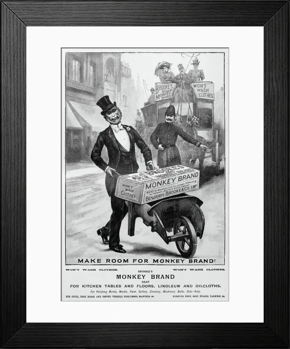 Framed Print : Antique image from British magazine: Monkey Brand Framed Print : Antique image from British magazine: Monkey Brand