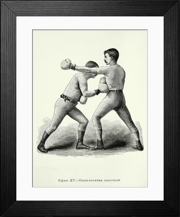 Framed Print : Two boxers, boxing positions, cross counter body blow punch, Victorian combat sports, 19th Century Framed Print : Two boxers, boxing positions, cross counter body blow punch, Victorian combat sports, 19th Century