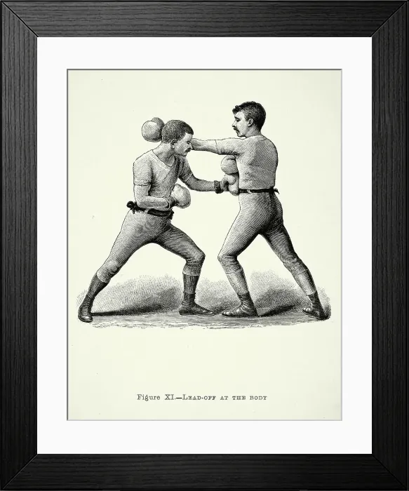 Framed Print : History of Boxing, two boxers, positions, lead off at the body punch, Victorian combat sports, 19th Century