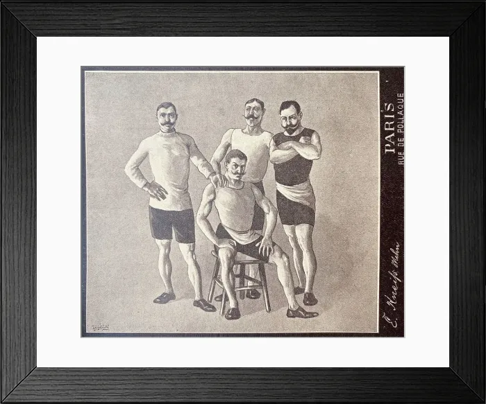 Framed Print : Paris located fashion for bicyclists, four men presenting new clothes Framed Print : Paris located fashion for bicyclists, four men presenting new clothes