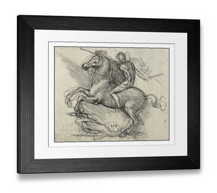 Framed Print : Leonardo's sketches and drawings: man on horse (Sforza)