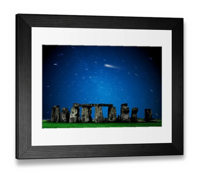 Framed Print : The prehistoric Stonehenge Monument on the Salisbury Plain, UK with time-exposure of star trails and comet in the sky Framed Print : The prehistoric Stonehenge Monument on the Salisbury Plain, UK with time-exposure of star trails and comet in the sky