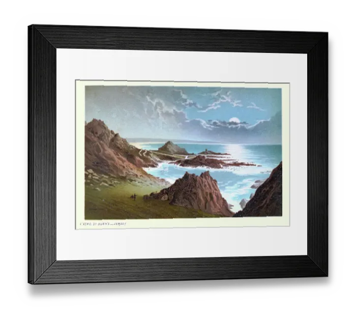 Framed Print : L'Etac, St Ouen's, Jersey, Channel Islands, Moonlit night, Rocky coastline, Victorian landscape art 19th Century Chromolithograph Framed Print : L'Etac, St Ouen's, Jersey, Channel Islands, Moonlit night, Rocky coastline, Victorian landscape art 19th Century Chromolithograph