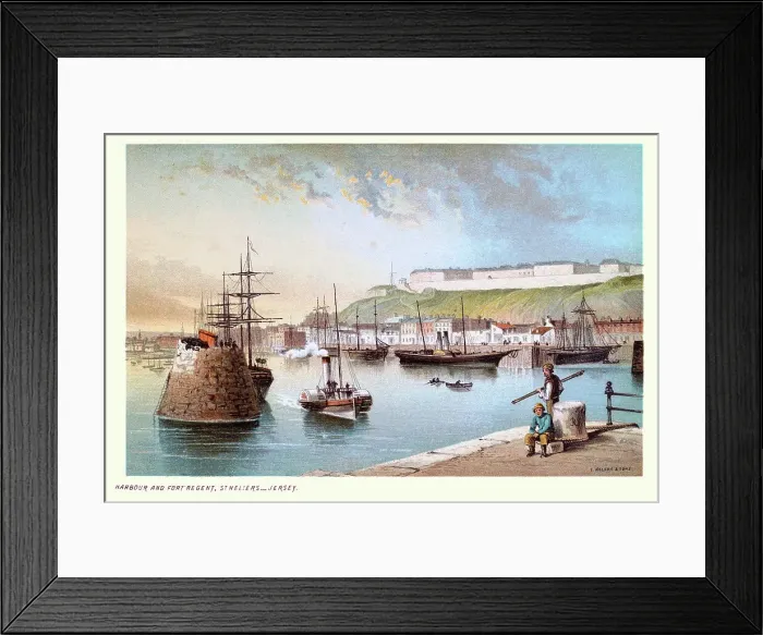 Framed Print : Harbour and Fort Regent, St Heliers, Jersey, Channel Islands, Steamboats and sailing ships, Victorian landscape art 19th Century Framed Print : Harbour and Fort Regent, St Heliers, Jersey, Channel Islands, Steamboats and sailing ships, Victorian landscape art 19th Century