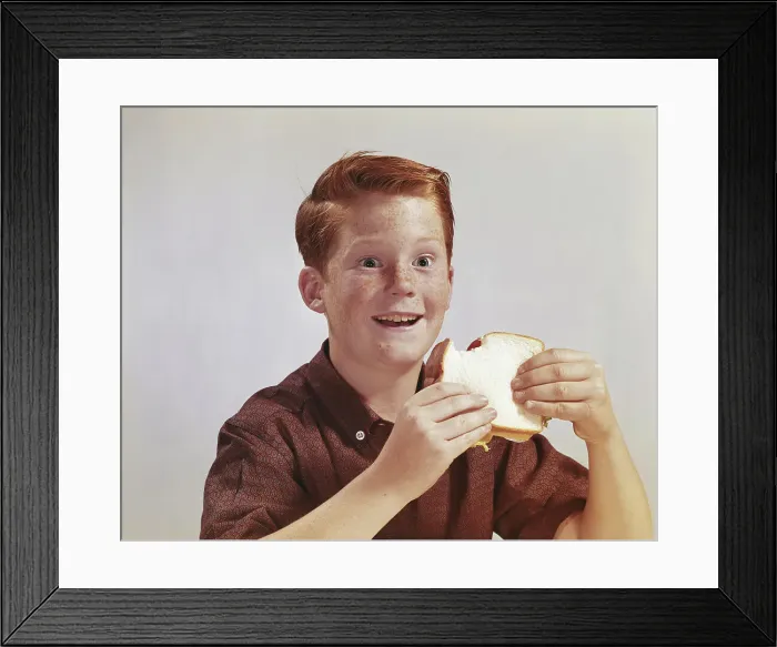 Framed Print : Boy eating sandwich, smiling Framed Print : Boy eating sandwich, smiling