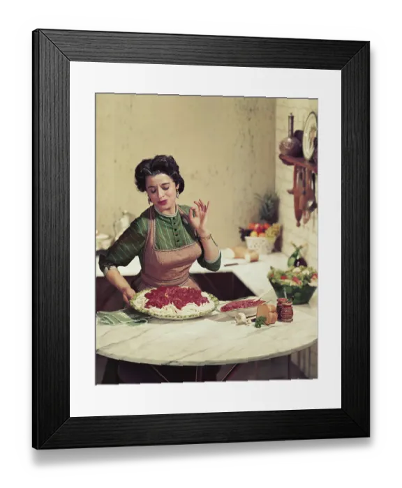 Framed Print : Woman holding tray of noodles and gesturing Framed Print : Woman holding tray of noodles and gesturing