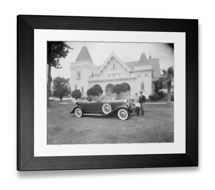 Framed Print : Multigeneration family in car and outside car in front of house Framed Print : Multigeneration family in car and outside car in front of house