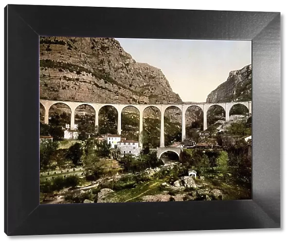 Gourdon, Bridge over the Wolf Gorge, Grasse, Provence-Alpes-Cote d'Azur, France, c. 1890, Historic, digitally enhanced reproduction of a photochrome print from 1895