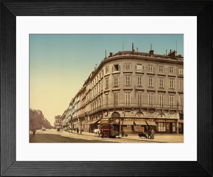 Framed Print : Rue Chapeau Rouge, from Place Richelieu, Bordeaux, Nouvelle-Aquitaine, France, c. 1890, Historic, digitally enhanced reproduction of a photochrome print from 1895 Framed Print : Rue Chapeau Rouge, from Place Richelieu, Bordeaux, Nouvelle-Aquitaine, France, c. 1890, Historic, digitally enhanced reproduction of a photochrome print from 1895
