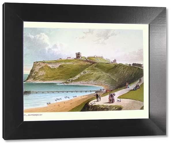 Vintage illustration North Cliff, Castle ruins, Beach, Pier, Scarborough, North Yorkshire, Victorian 19th Century