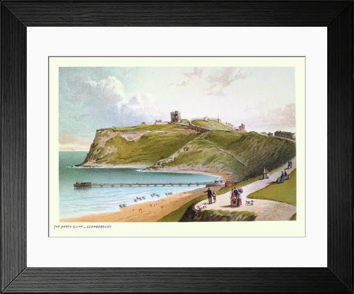 Framed Print : Vintage illustration North Cliff, Castle ruins, Beach, Pier, Scarborough, North Yorkshire, Victorian 19th Century Framed Print : Vintage illustration North Cliff, Castle ruins, Beach, Pier, Scarborough, North Yorkshire, Victorian 19th Century