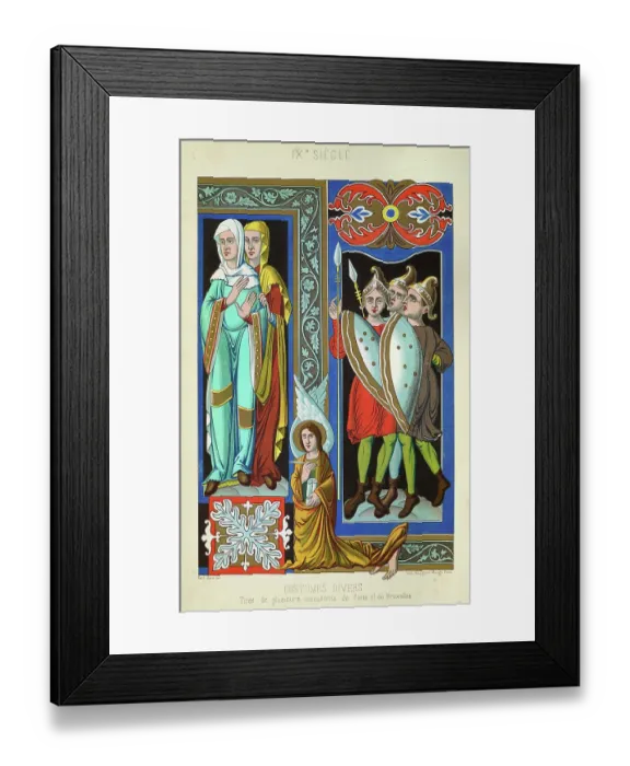 Framed Print : Fashions and costumes of the 9th Century, Women, Soliders, warriors armed with spears and shields, 9th Century