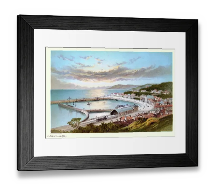 Framed Print : St. Aubin's harbour, Jersey, Channel Islands, town, fishing port, Railway, Victorian landscape art 19th Century Framed Print : St. Aubin's harbour, Jersey, Channel Islands, town, fishing port, Railway, Victorian landscape art 19th Century