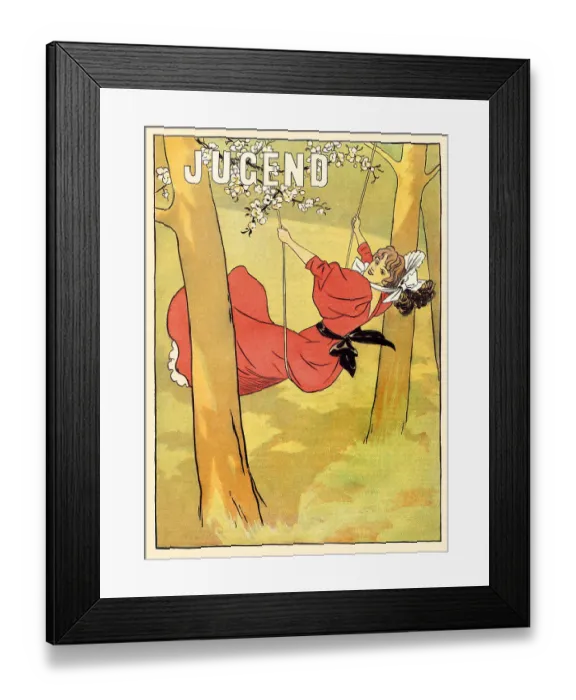 Framed Print : Young woman in dress on swing in forest art nouveau 1896 Framed Print : Young woman in dress on swing in forest art nouveau 1896