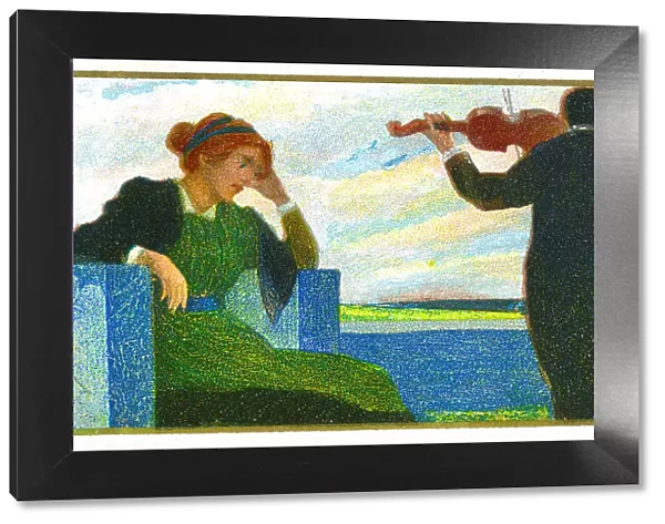 Violinist playing violin to young woman art nouveau illustration 1899