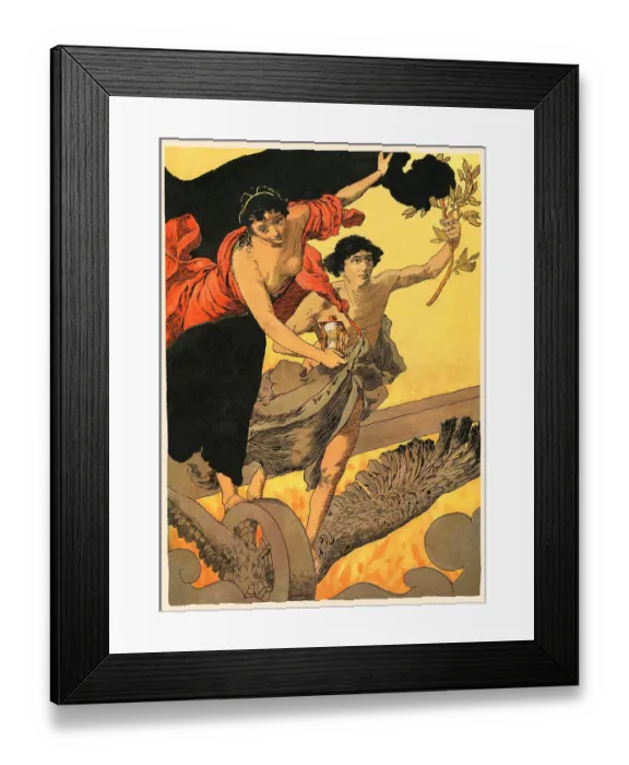 Framed Print : Couple flying near wheel with wings representing railroad technology art nouveau 1896 Framed Print : Couple flying near wheel with wings representing railroad technology art nouveau 1896