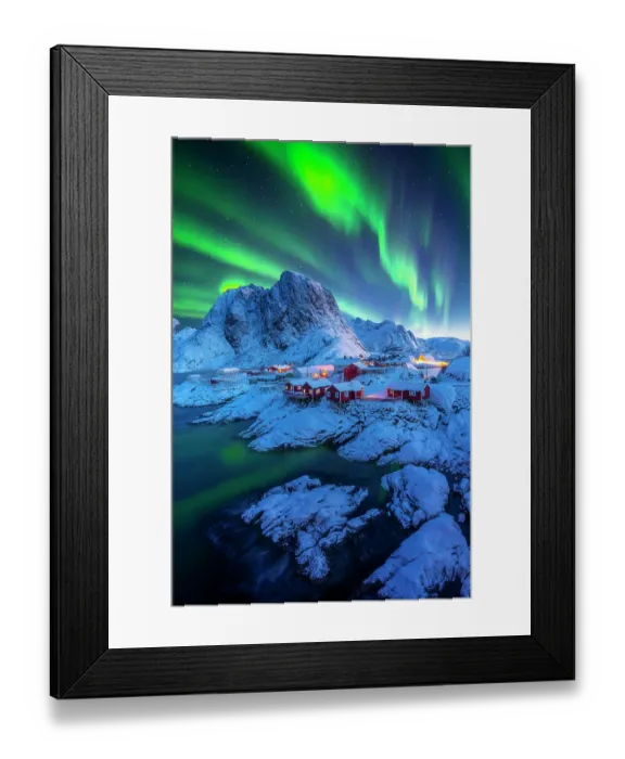 Framed Print : Northern lights with Festhelltinden peak and Hamnoy, Lofoten Islands. - stock photo