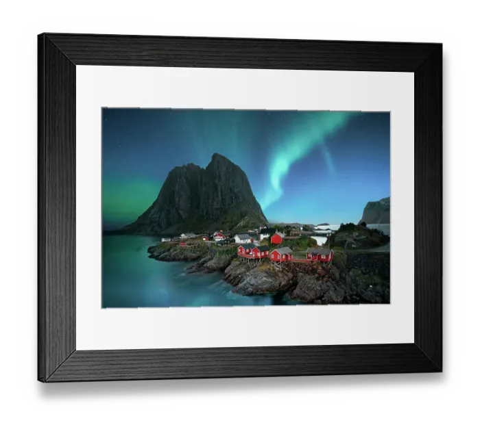 Framed Print : dawn in small viilage, Lofoten and magic northern lights in sky Framed Print : dawn in small viilage, Lofoten and magic northern lights in sky